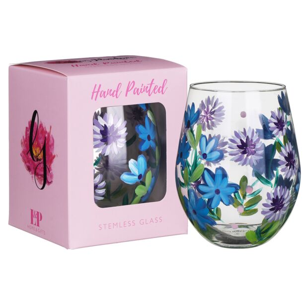 Hand Painted Stemless Tumbler by Lynsey Johnstone - Cornflowers