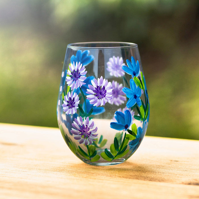 Hand Painted Stemless Tumbler by Lynsey Johnstone - Cornflowers